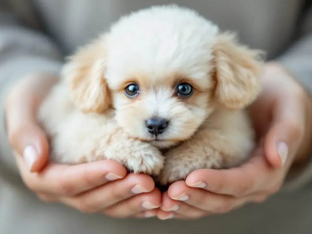 A tiny teacup poodle is being gently held in human hands, showcasing its small size and adorable features. This playful...