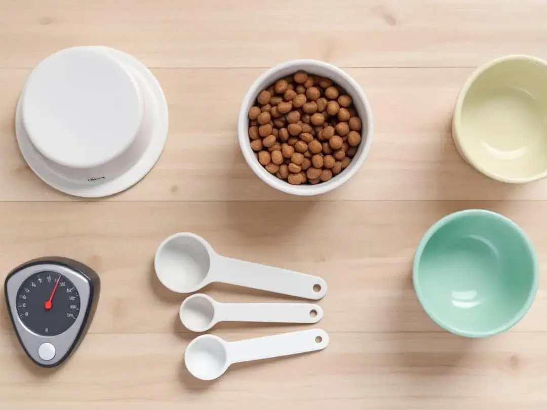 A collection of small dog food bowls and measuring tools is displayed, perfect for serving tiny portions for teacup...