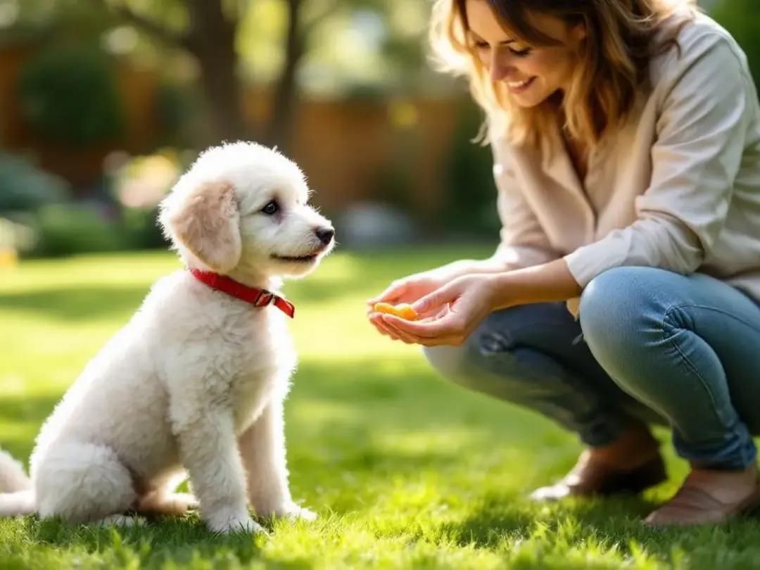 A tiny teacup poodle puppy is eagerly learning basic commands with its trainer, showcasing its adorable small size and...