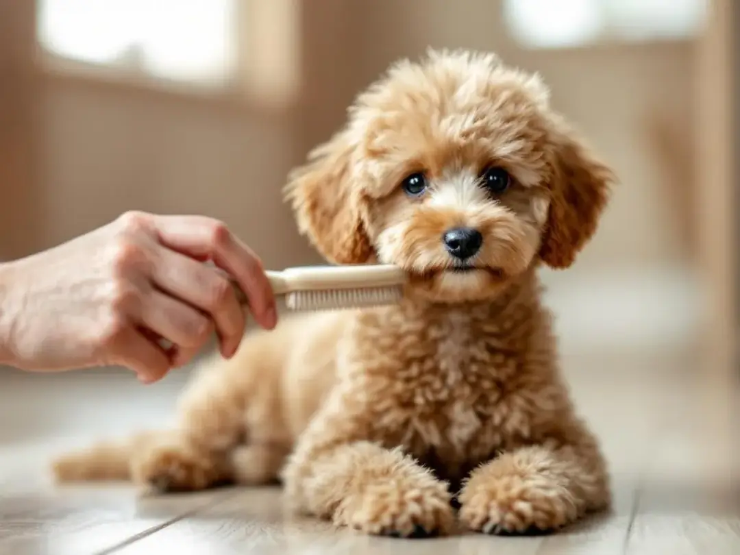 A small teacup poodle is being gently brushed by caring hands, highlighting the grooming process that keeps this...