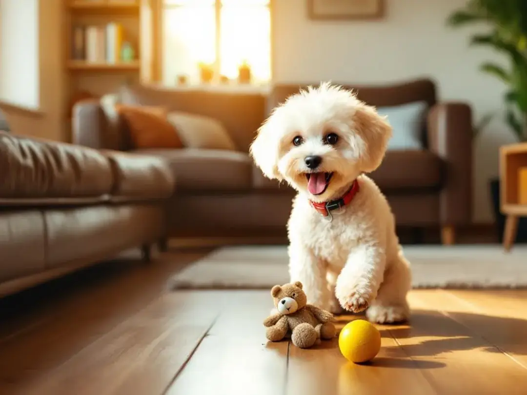 In a cozy living room, a playful teacup poodle is joyfully engaging with small toys, showcasing its adorable looks and...