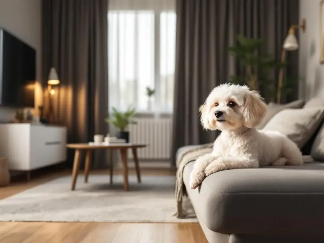 A small teacup poodle sits contentedly on a plush rug in a modern apartment, surrounded by stylish furnishings that...