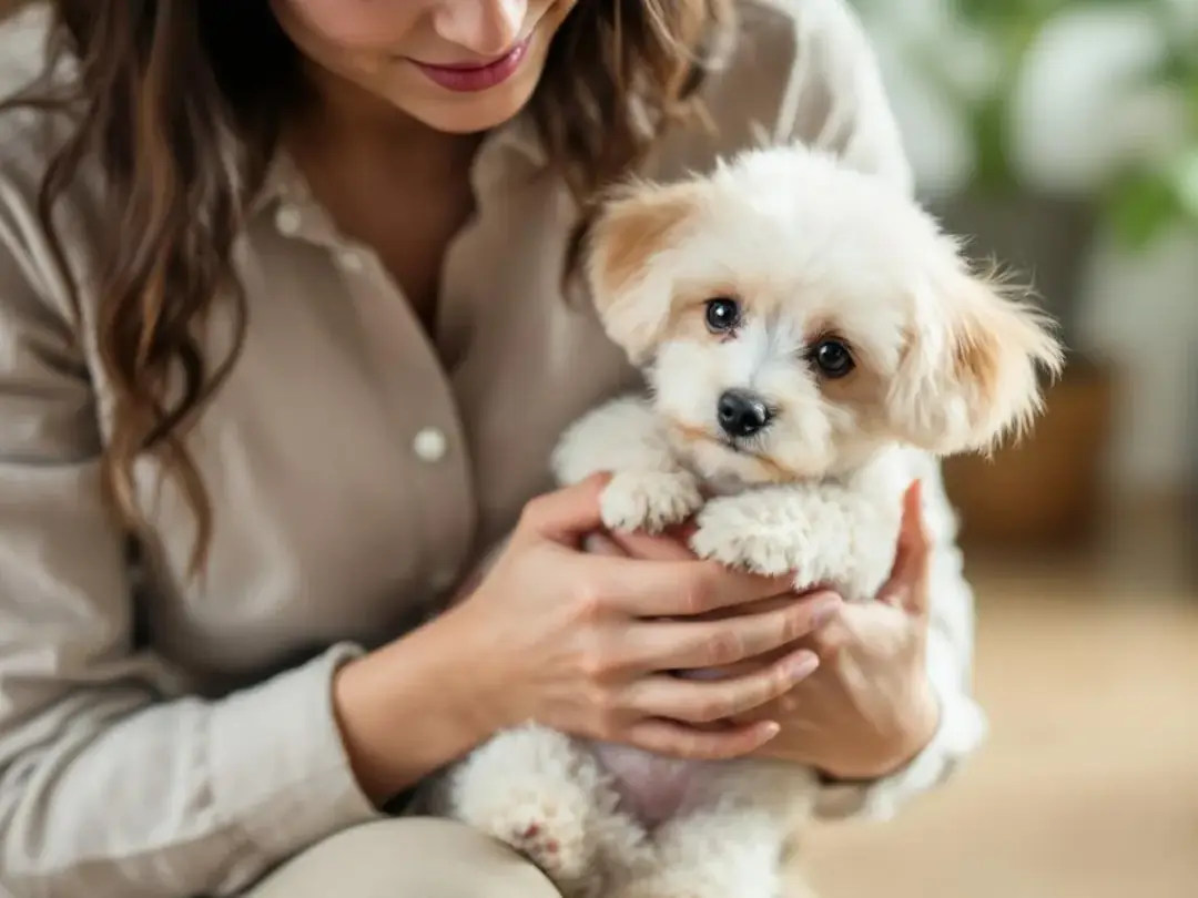 A person is gently cradling a tiny teacup poodle, showcasing proper handling techniques for small dogs. The adorable...