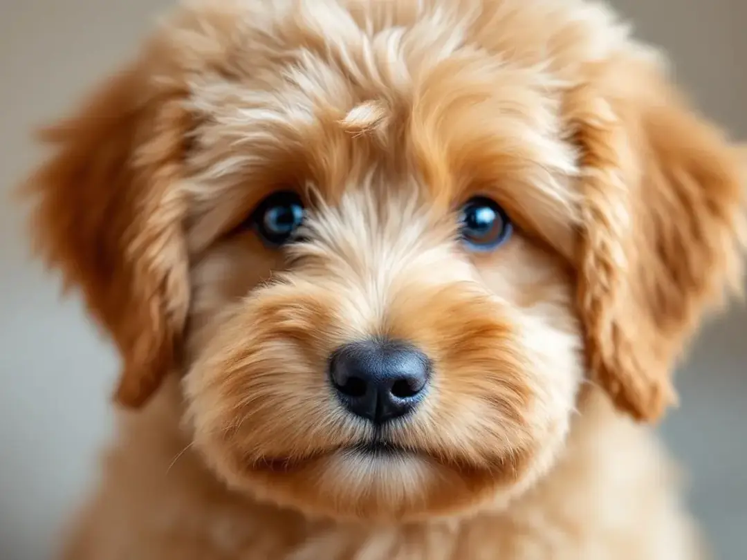 A close-up portrait of a teddy bear goldendoodle showcases its characteristic rounded face, button nose, and fluffy...