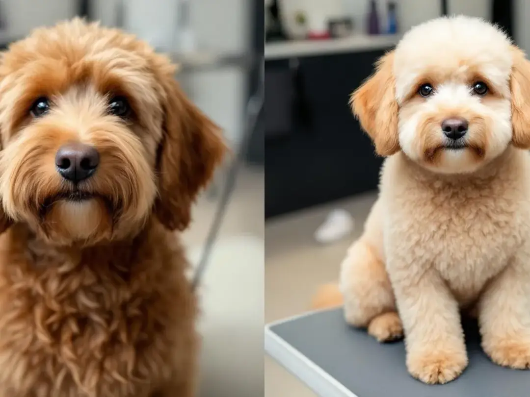 The image shows a goldendoodle puppy before and after receiving a classic teddy bear cut, highlighting the...
