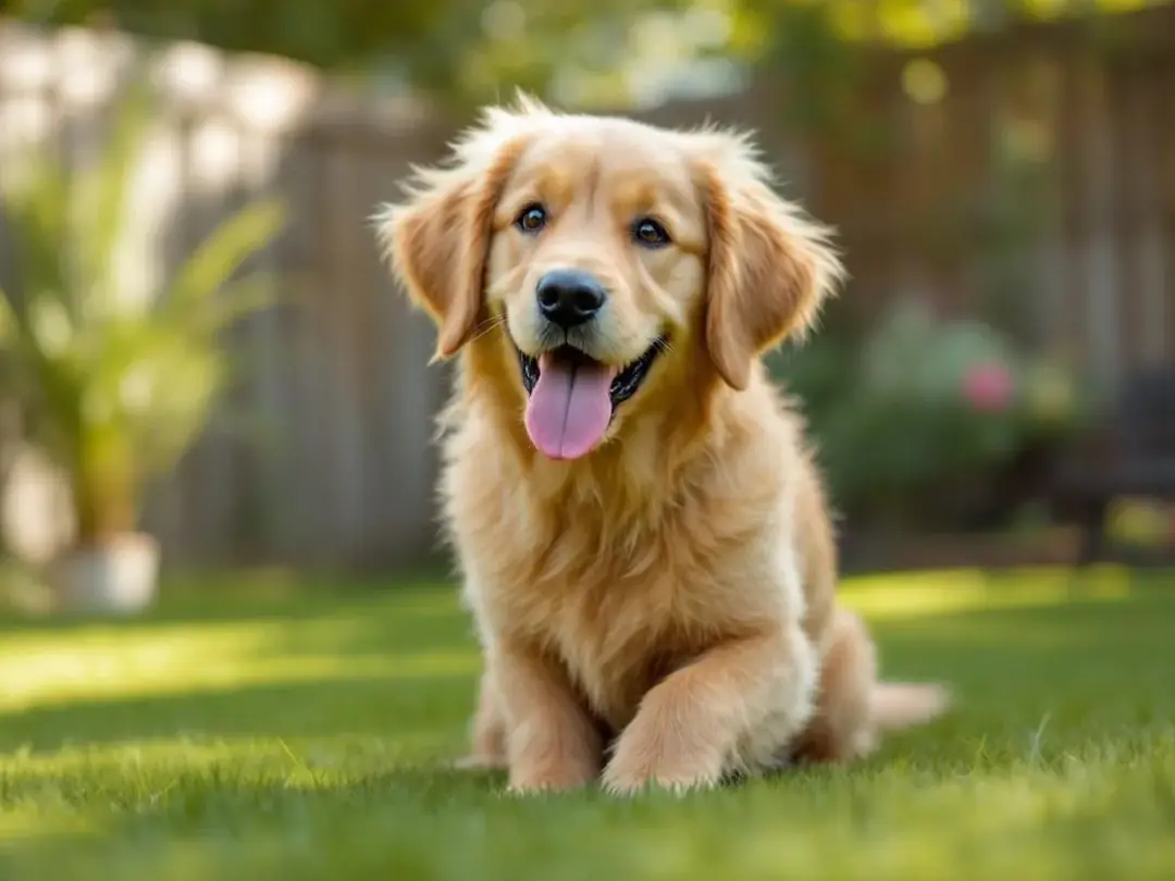 In a fenced backyard, a teddy bear goldendoodle puppy joyfully plays with children, showcasing a heartwarming family...