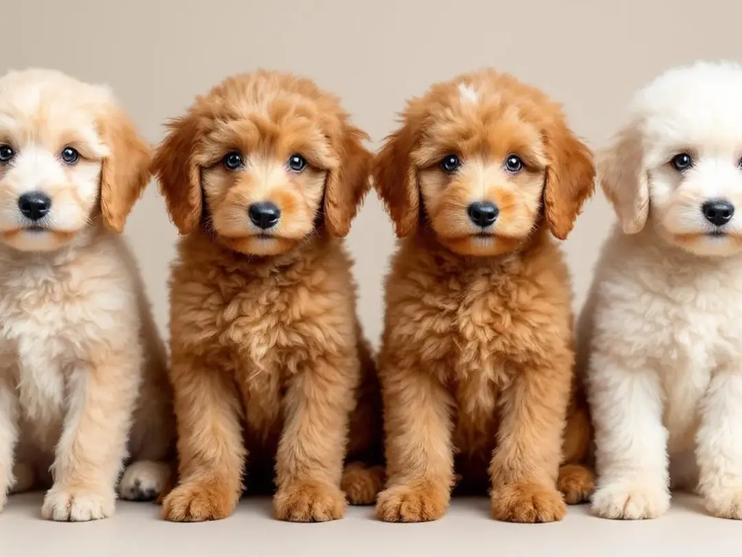 A comparison photo displays various generations of goldendoodle puppies, showcasing their different coat textures...