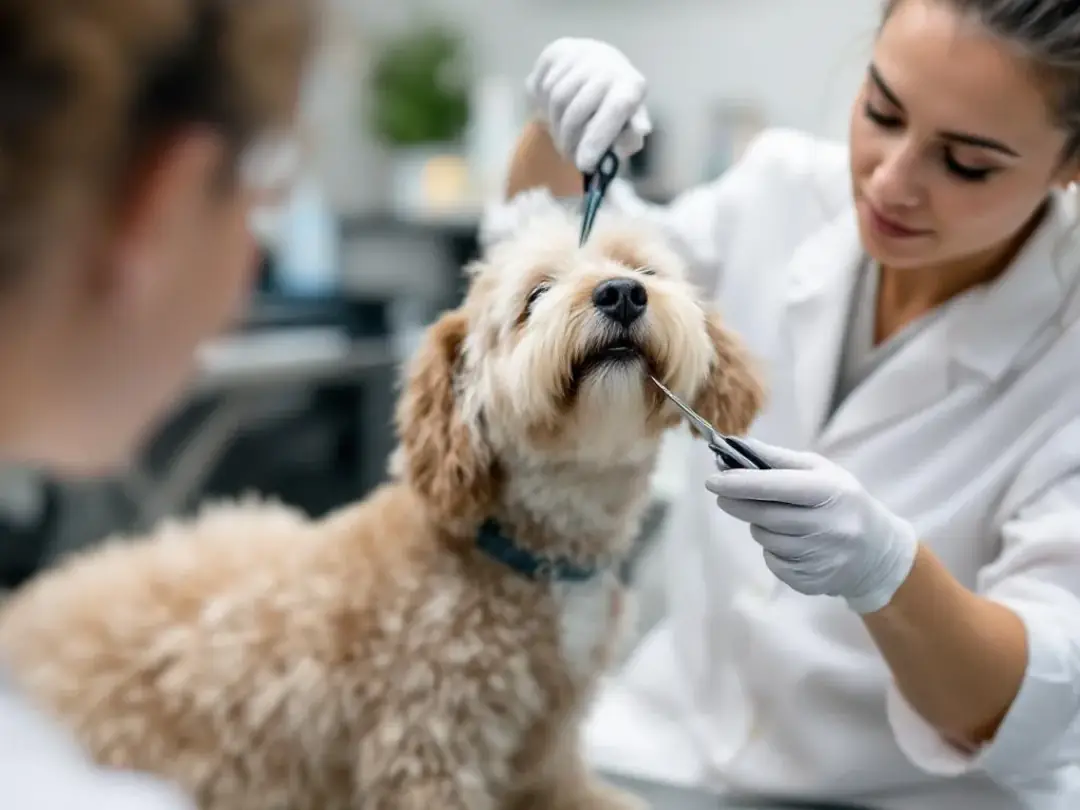A professional groomer is carefully shaping a goldendoodle's face with scissors to achieve the signature teddy bear...