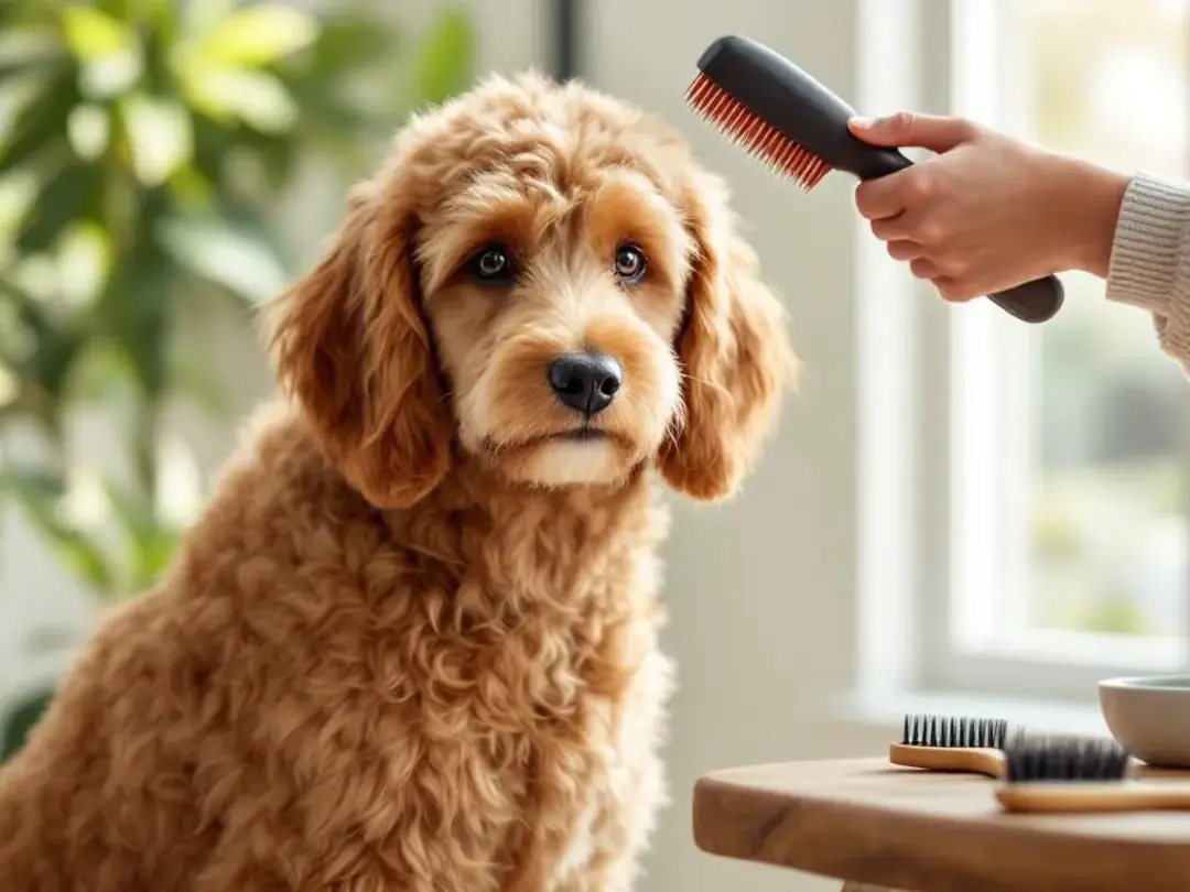 A goldendoodle with a plush, curly coat is being thoroughly brushed during the grooming process, with professional...