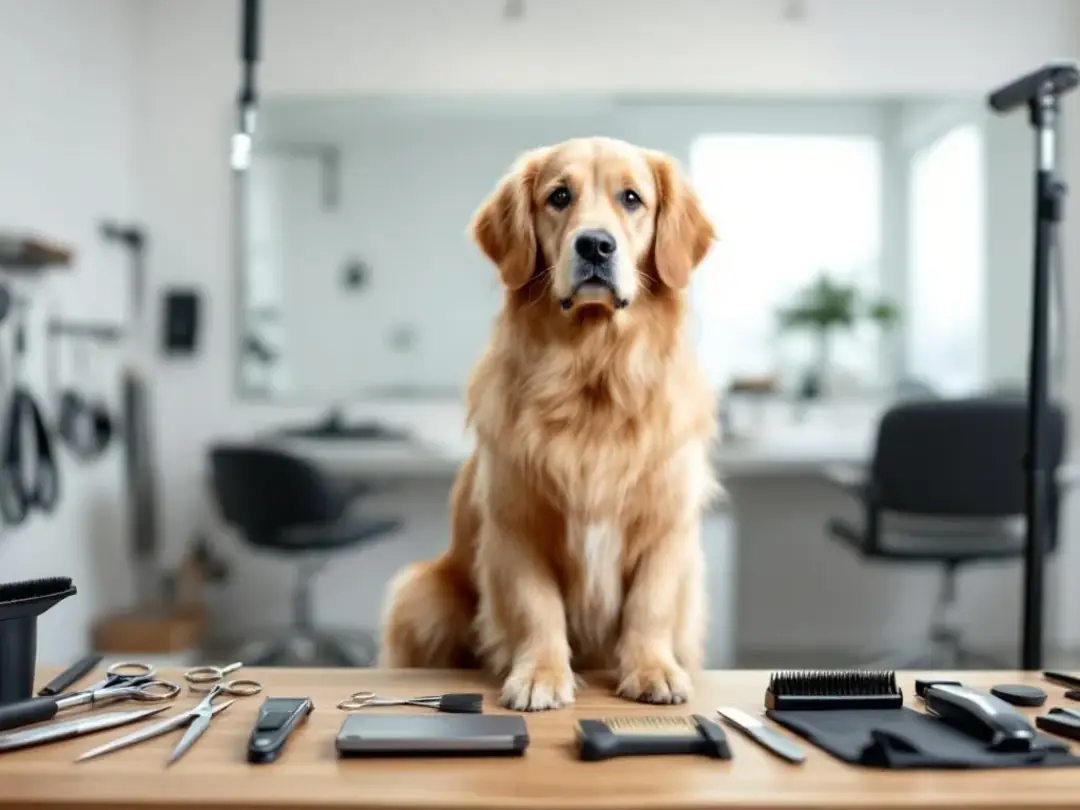 In a professional grooming salon, a goldendoodle is receiving a teddy bear cut, showcasing its curly coat and rounded...