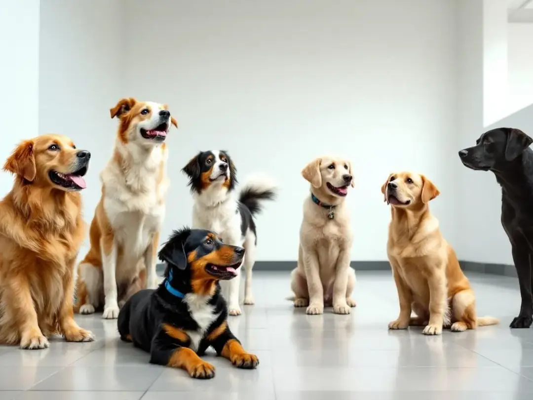 In the image, various dogs are being observed during a temperament test, showcasing their reactions to different...