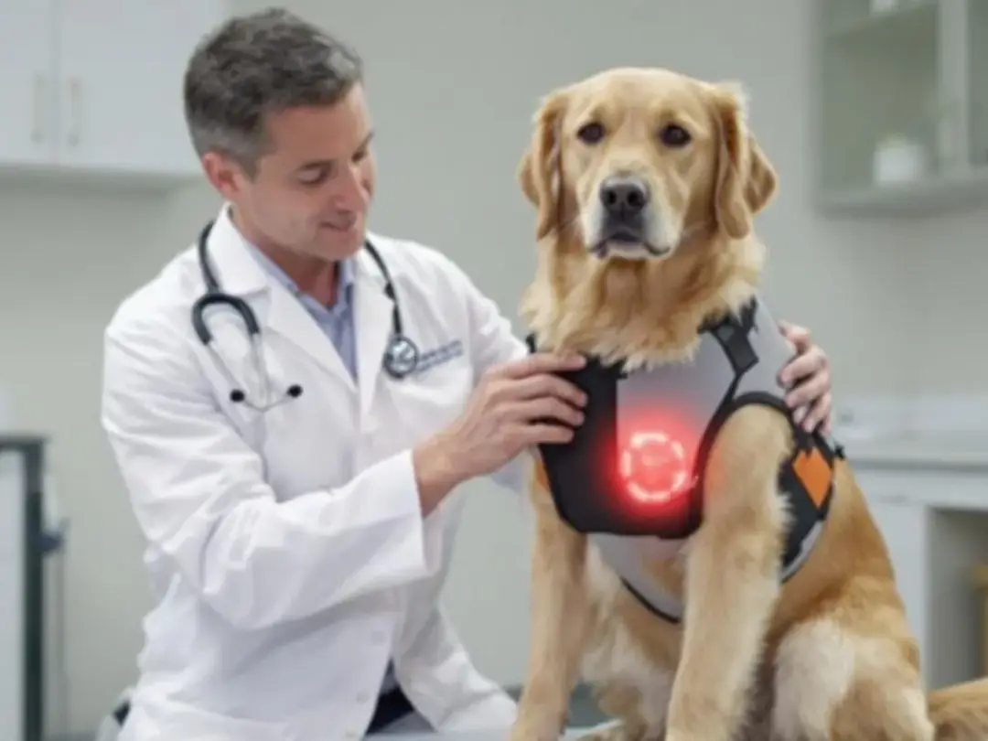 A veterinarian is demonstrating how a thunder jacket applies gentle calming pressure to a dog's chest, showcasing its...