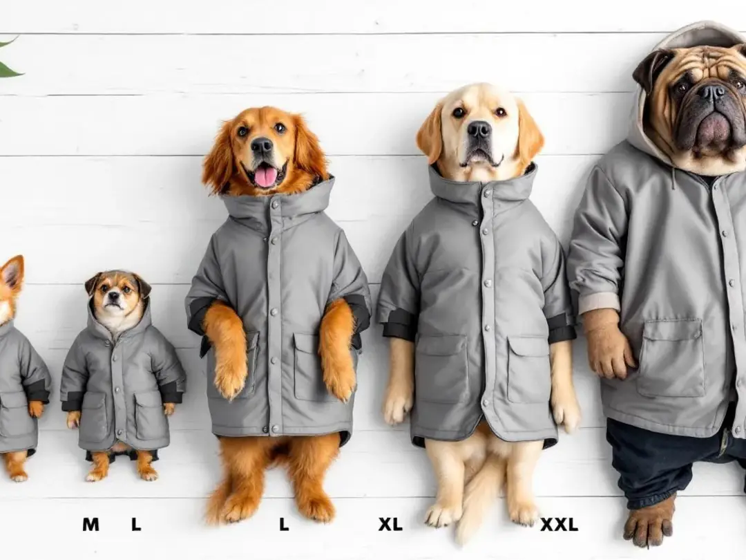The image displays a size chart comparison for various thunder jackets designed to help calm anxious dogs, showcasing...