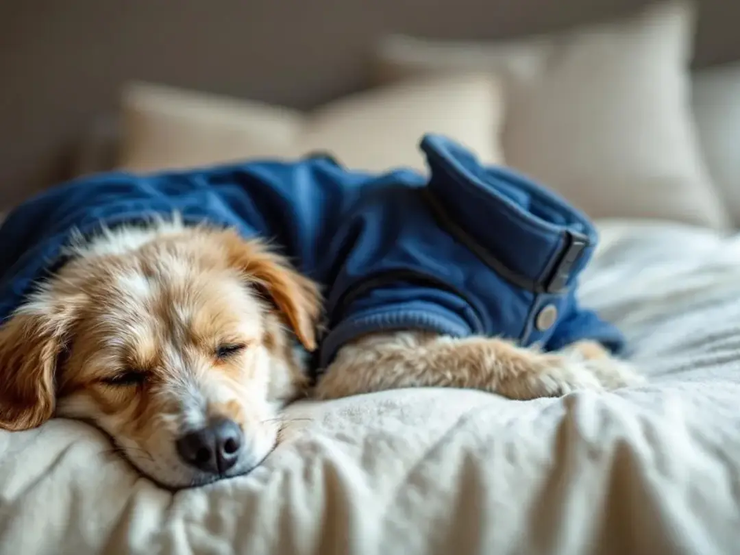 A dog is peacefully sleeping while wearing a heather gray thunder jacket, which applies gentle calming pressure to help...