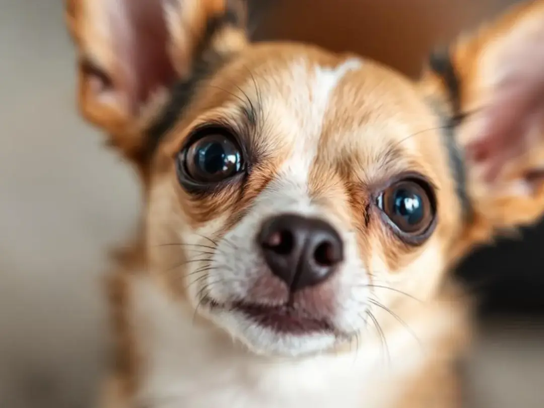 A close-up image of a Chihuahua showcases its alert ears and bright, soulful eyes, highlighting the playful personality...