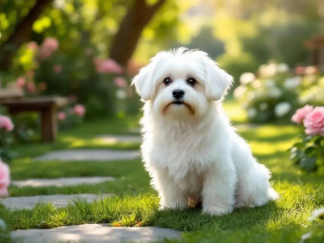 A Maltese dog, known for its long, silky white coat, is sitting gracefully in a vibrant garden, surrounded by colorful...