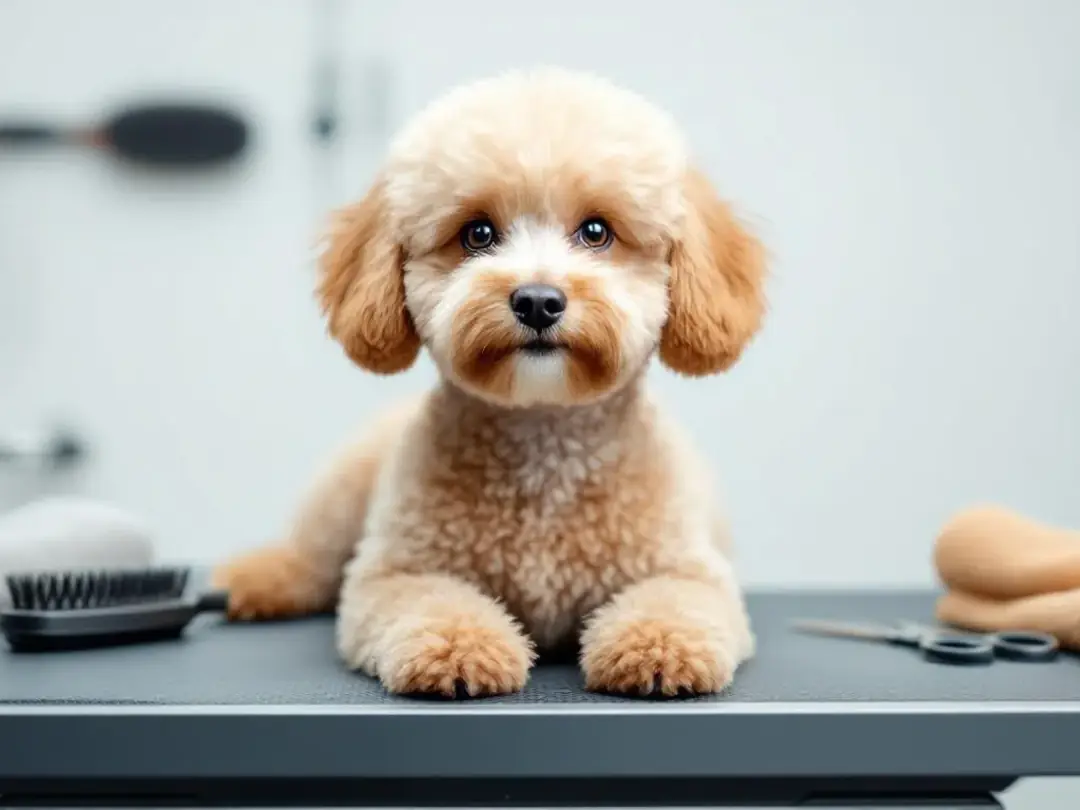 A toy poodle with a curly coat is being groomed in a professional setting, showcasing its beautiful fur and playful...
