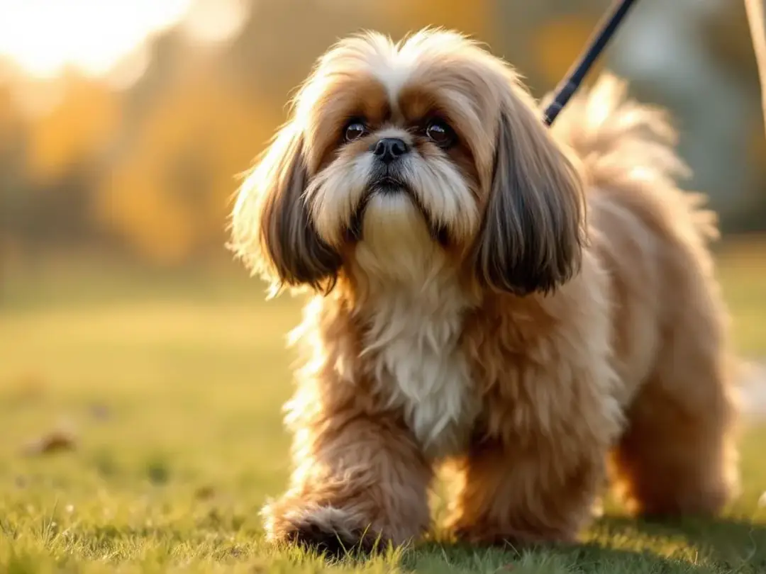 A Shih Tzu with a long, flowing coat is walking on a leash, showcasing its beautiful, silky fur. This small dog, known...