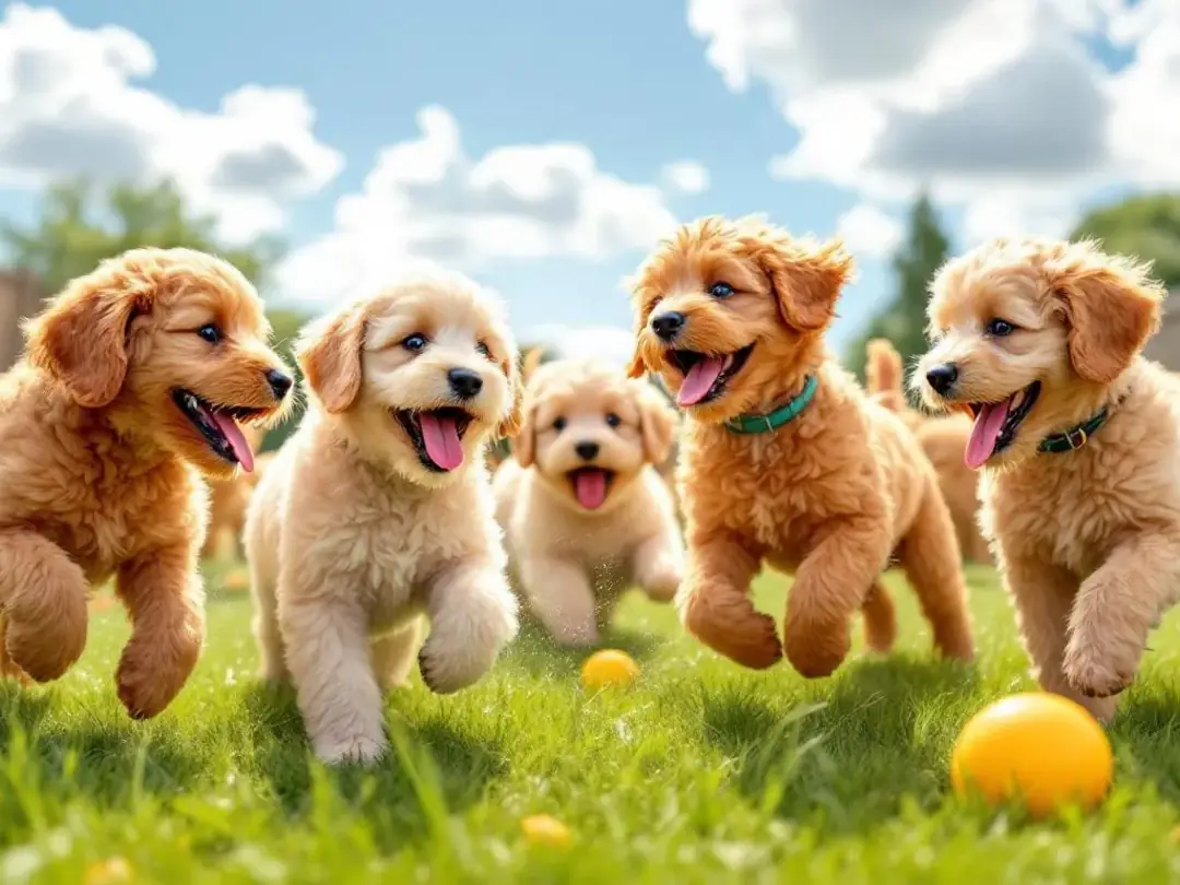 In the image, multiple toy goldendoodle puppies with varying coat textures are joyfully playing together on a grassy...