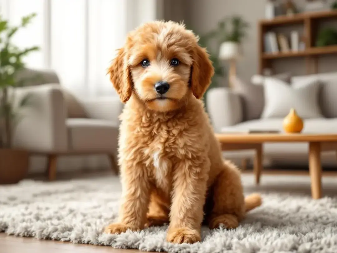 A cute toy goldendoodle puppy sits comfortably in a cozy home setting, showcasing its apartment-friendly size. This...