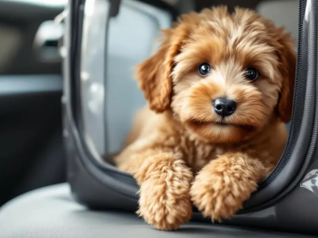 A cute toy goldendoodle is comfortably nestled in a small carrier, showcasing its petite size and cuddly nature...