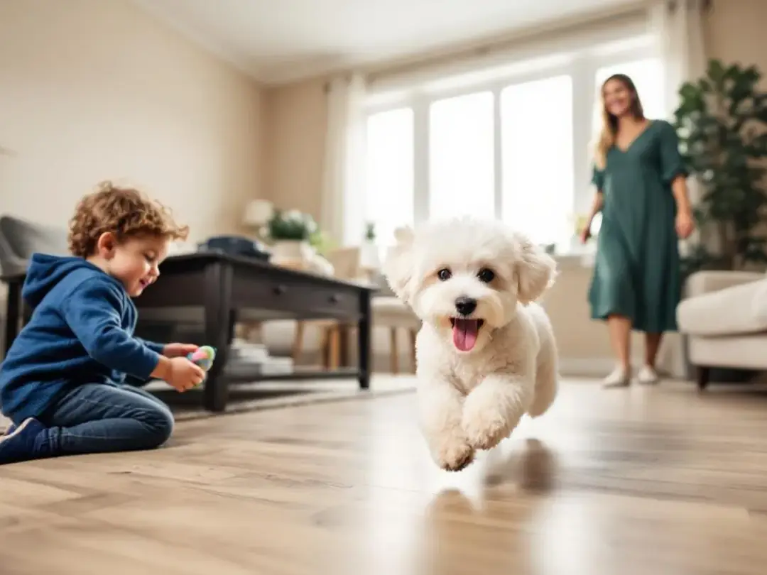 In a cozy living room, a playful toy poodle interacts joyfully with family members, showcasing its curly coat and...