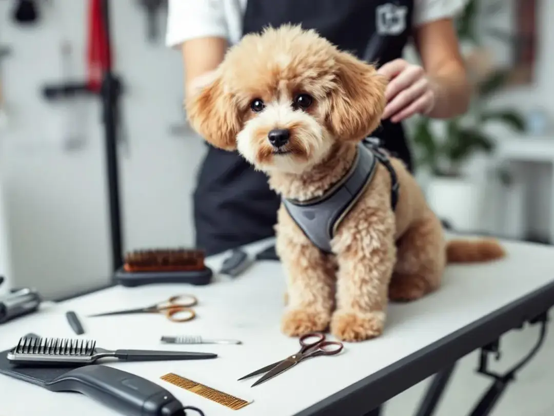A toy poodle is being professionally groomed, surrounded by various grooming tools such as scissors and brushes...