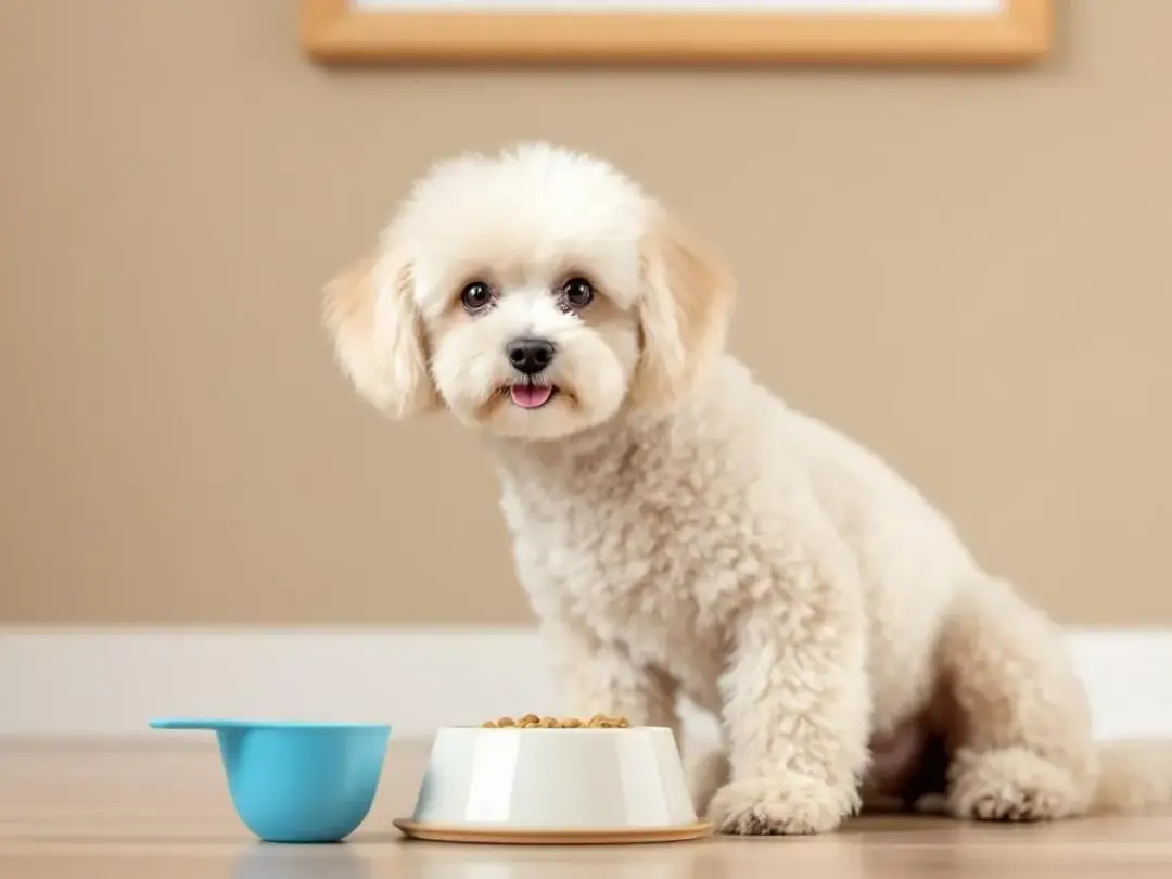 A toy poodle is happily eating from a small food bowl, with a measuring cup placed nearby, emphasizing the importance...