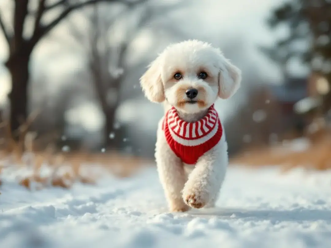 A toy poodle wearing a cozy sweater is enjoying a winter walk, showcasing its typical curly coat and playful demeanor...