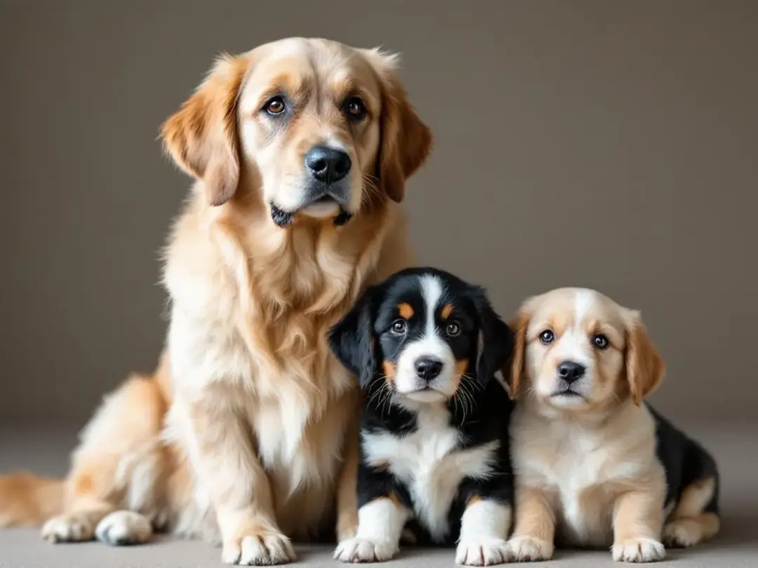Three tuxedo goldendoodles of varying sizes sit together, showcasing their size differences, with their distinctive...