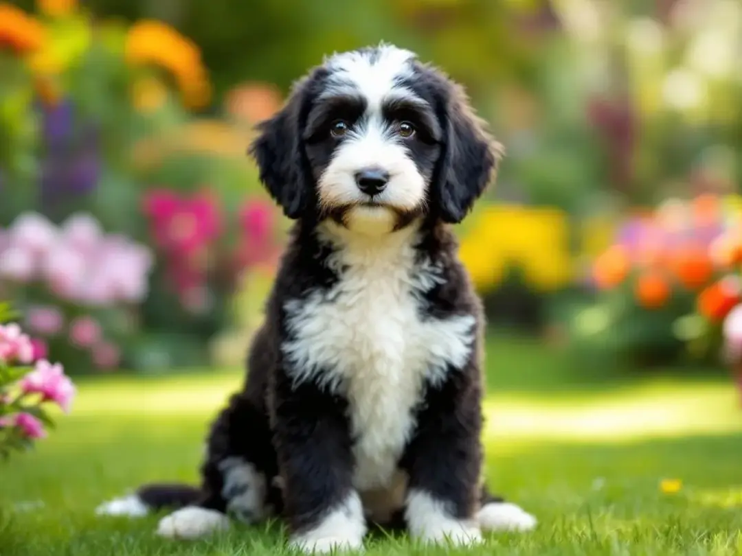 A stunning tuxedo goldendoodle parent dog with striking white markings sits gracefully in a vibrant garden, showcasing...