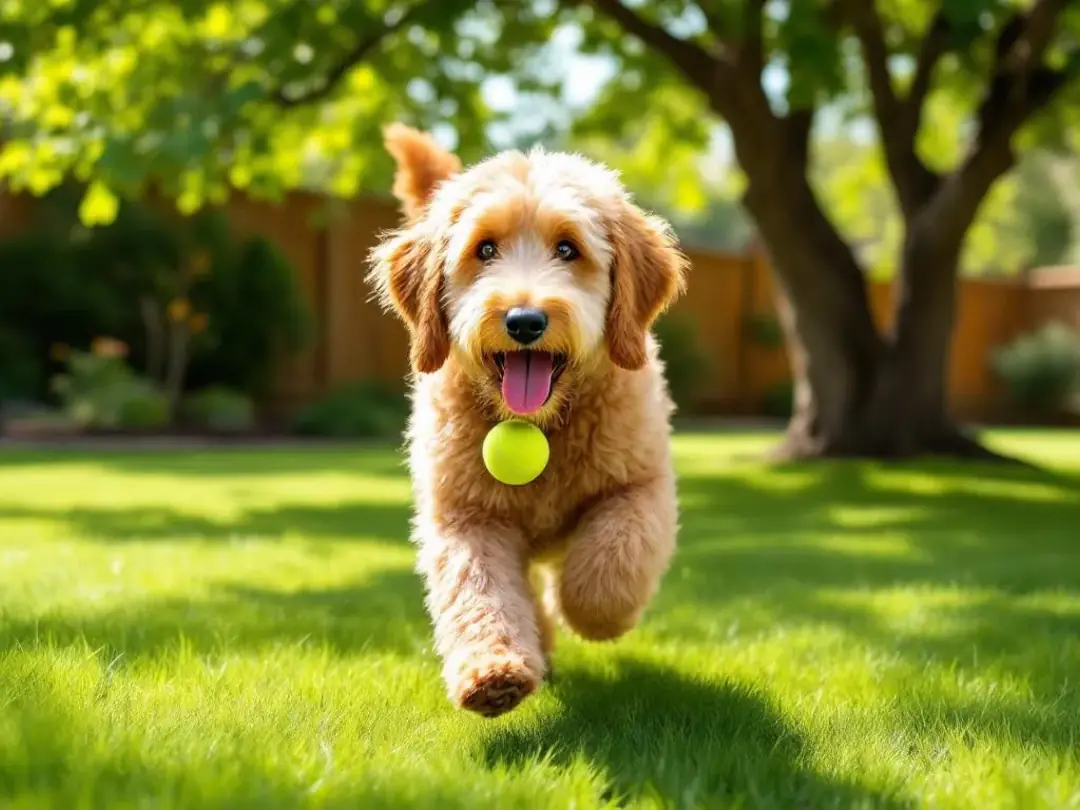 An adult multigeneration goldendoodle with a consistent wavy coat is joyfully playing in a grassy yard, showcasing its...