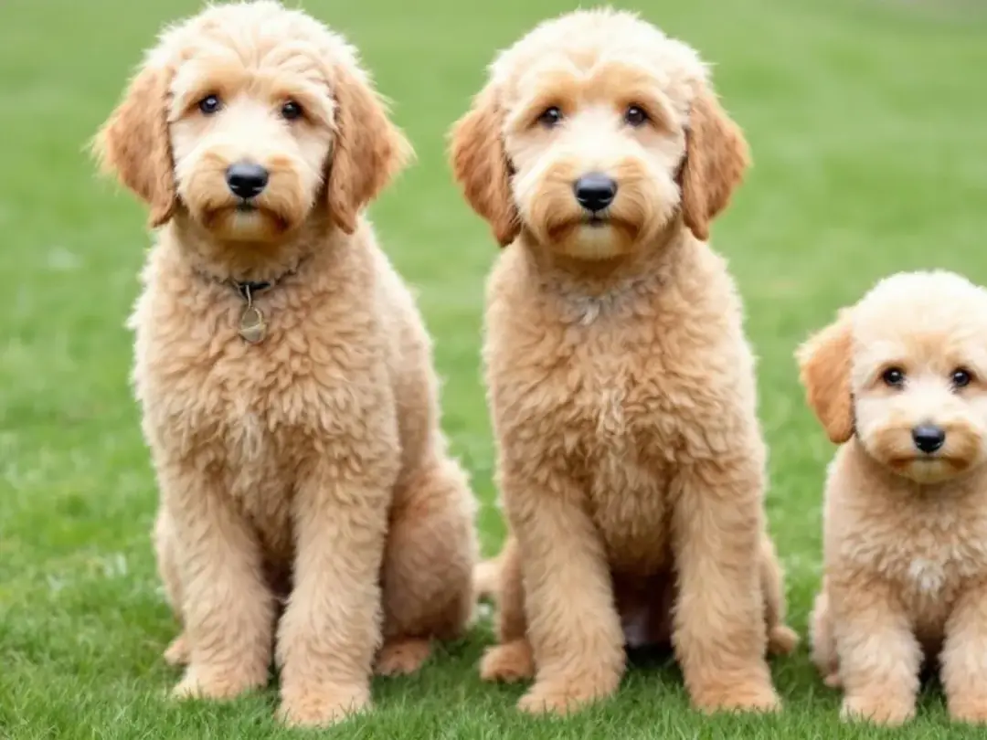 The image depicts a size comparison of standard, medium, and miniature goldendoodles standing side by side, showcasing...