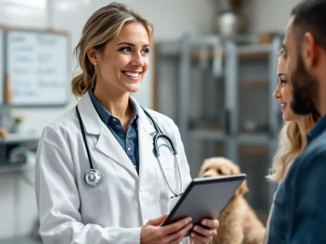 A professional breeder is engaged in a discussion with prospective goldendoodle owners, reviewing genetic testing...