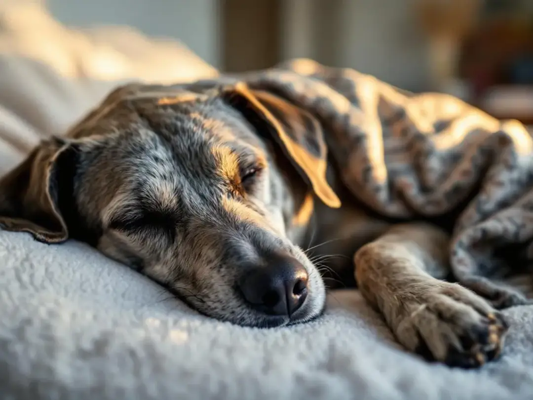 A senior dog is peacefully resting on soft bedding, appearing comfortable during its recovery from vestibular disease...