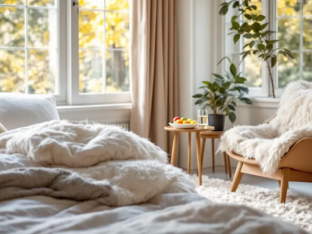 In this image, a cozy home setup is depicted, featuring soft bedding for comfort and easy access to food and water...