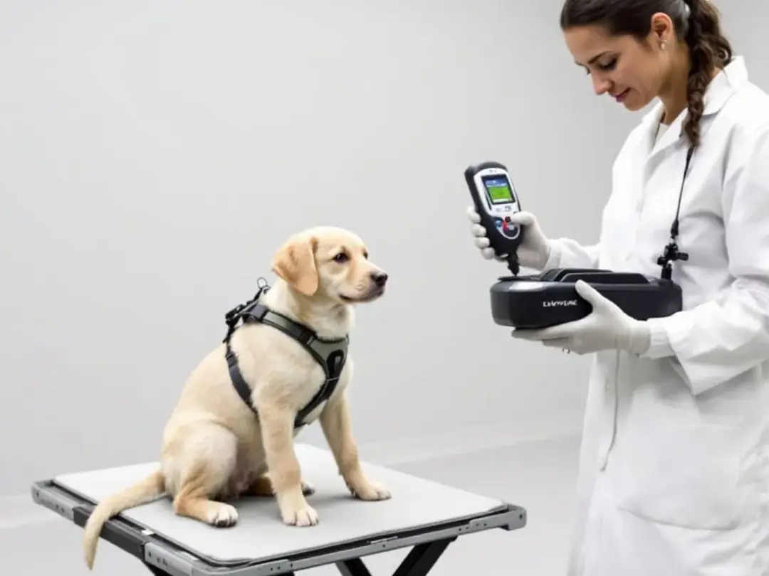 A professional tester is conducting the elevation dominance test with a calm puppy, gently encouraging it to respond to...