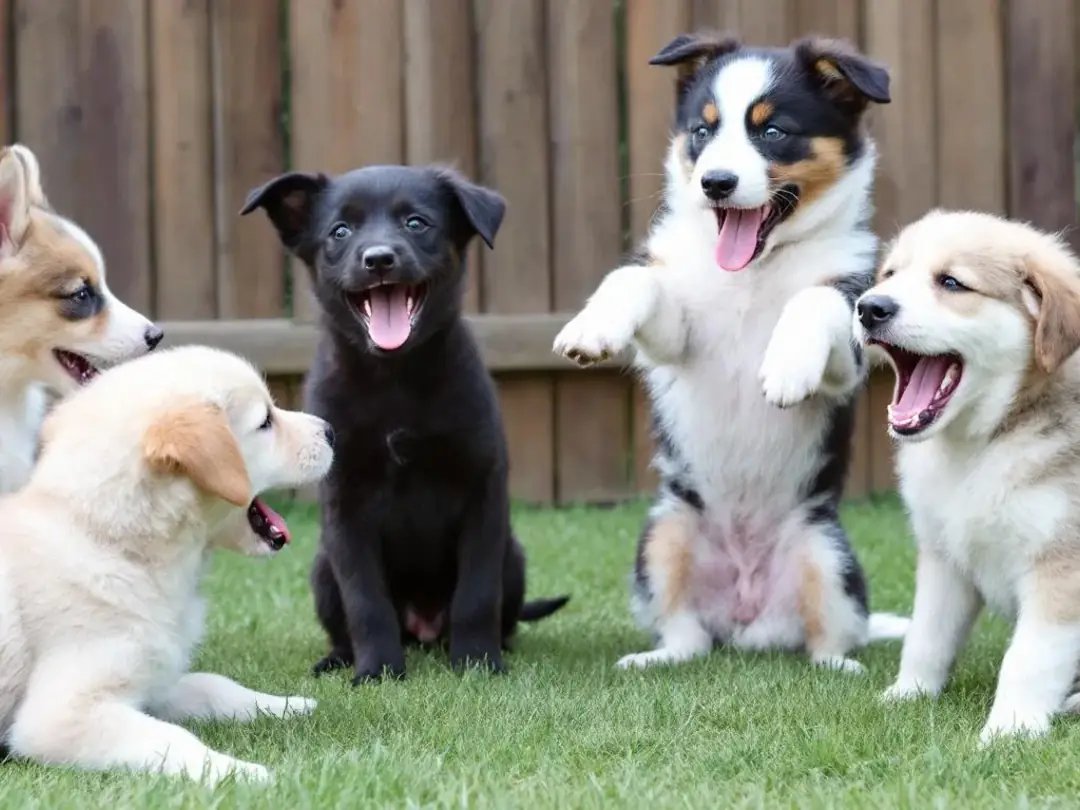 In the image, multiple puppies of different breeds are displayed, each demonstrating unique responses during a...