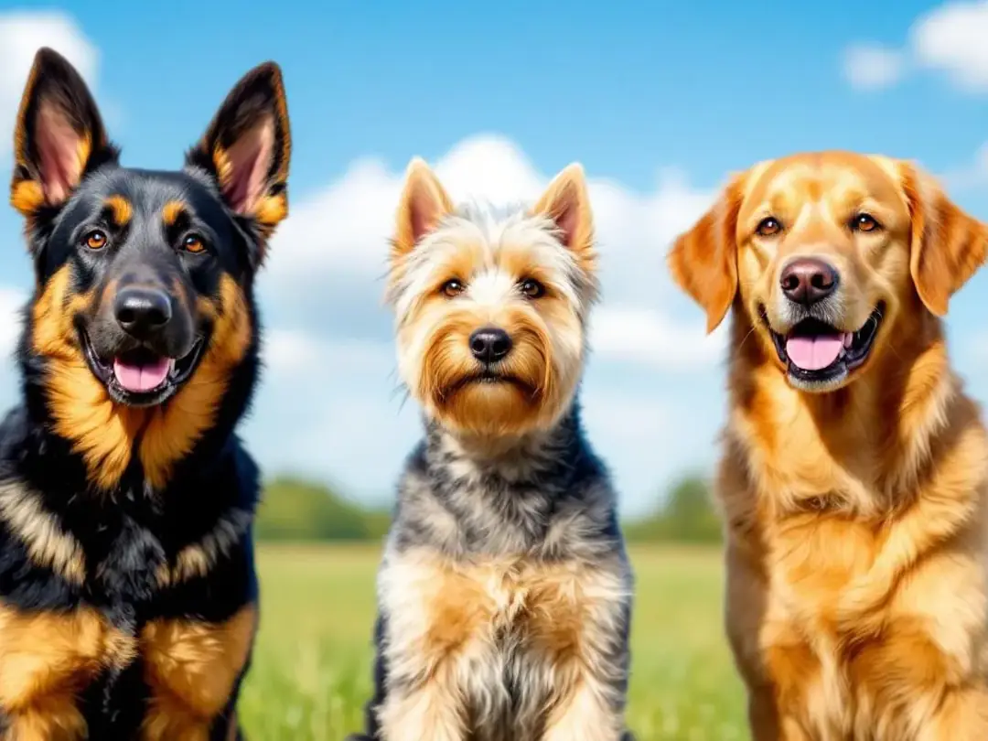 In the image, a German Shepherd, a Scottish Terrier, and a Golden Retriever stand together, showcasing their distinct...