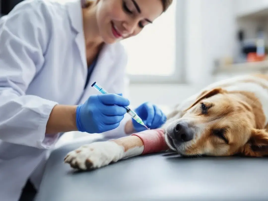 A veterinarian is carefully drawing a blood sample from a dog's front leg to conduct a blood test, which may help...