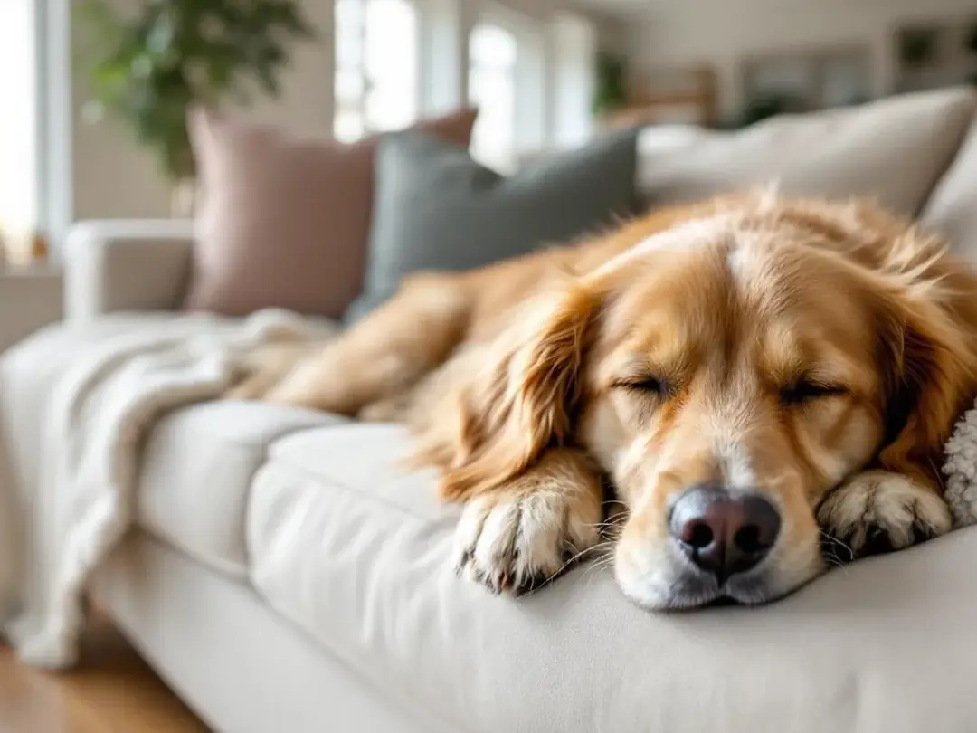 A relaxed dog is lying comfortably in a cozy home setting, embodying tranquility and contentment. This peaceful scene...