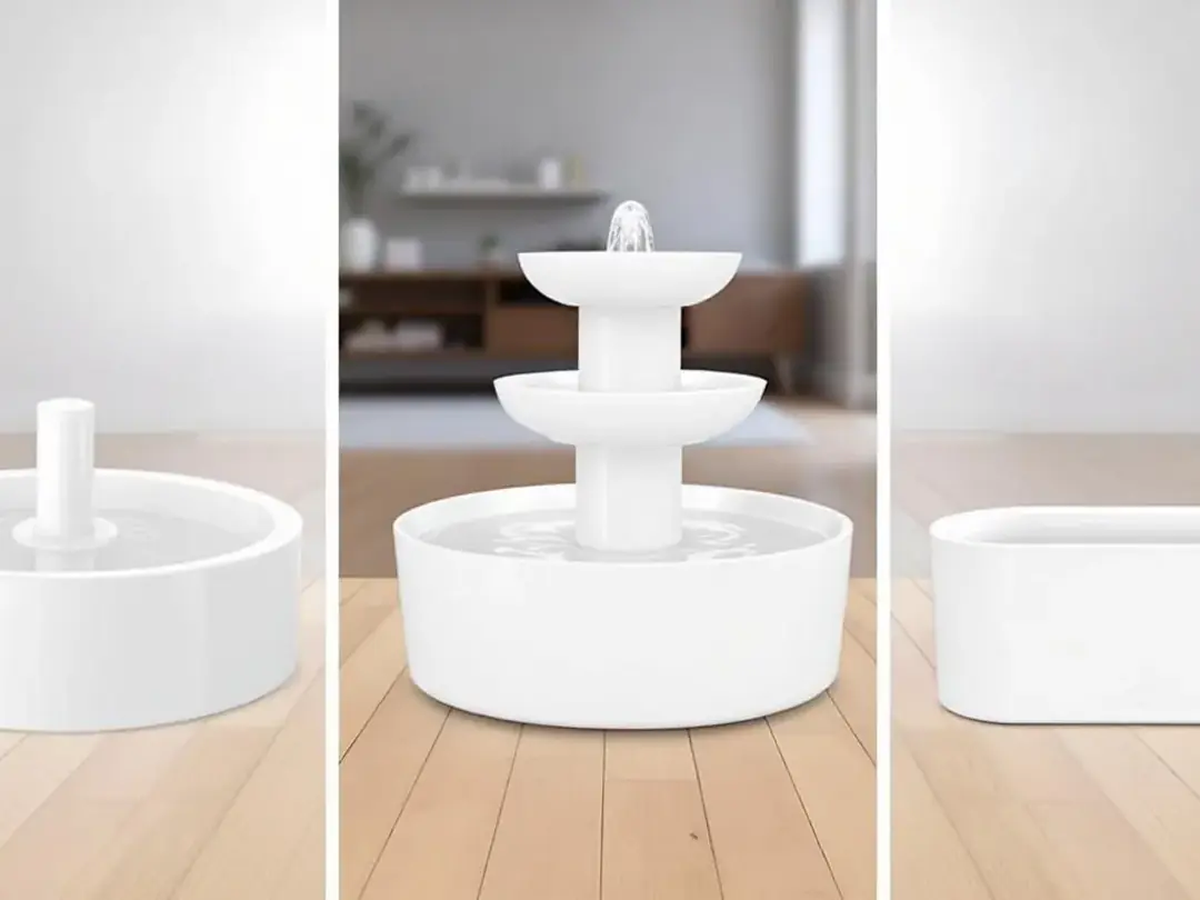 The image showcases a comparison of various dog water fountain styles, including a bubbler, multi-tier, and stream...