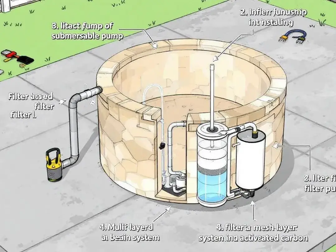 The image depicts a step-by-step assembly guide for a pet water fountain, highlighting the installation of the pump and...