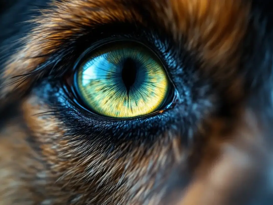 A close-up photograph captures a dog's eyes, highlighting the reflective tapetum lucidum that enhances their night...