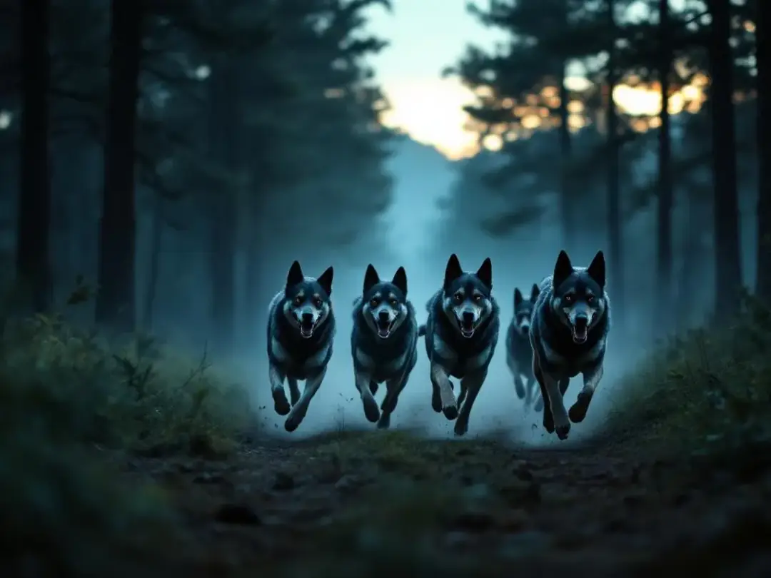 In the image, a pack of dogs with varying fur colors is energetically running through a lush green forest at dusk...