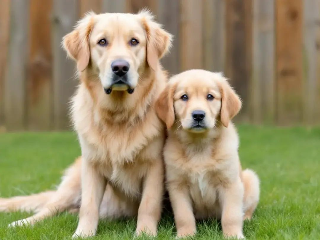 Two Goldendoodles are sitting side by side, showcasing the size difference between a standard Goldendoodle and a...