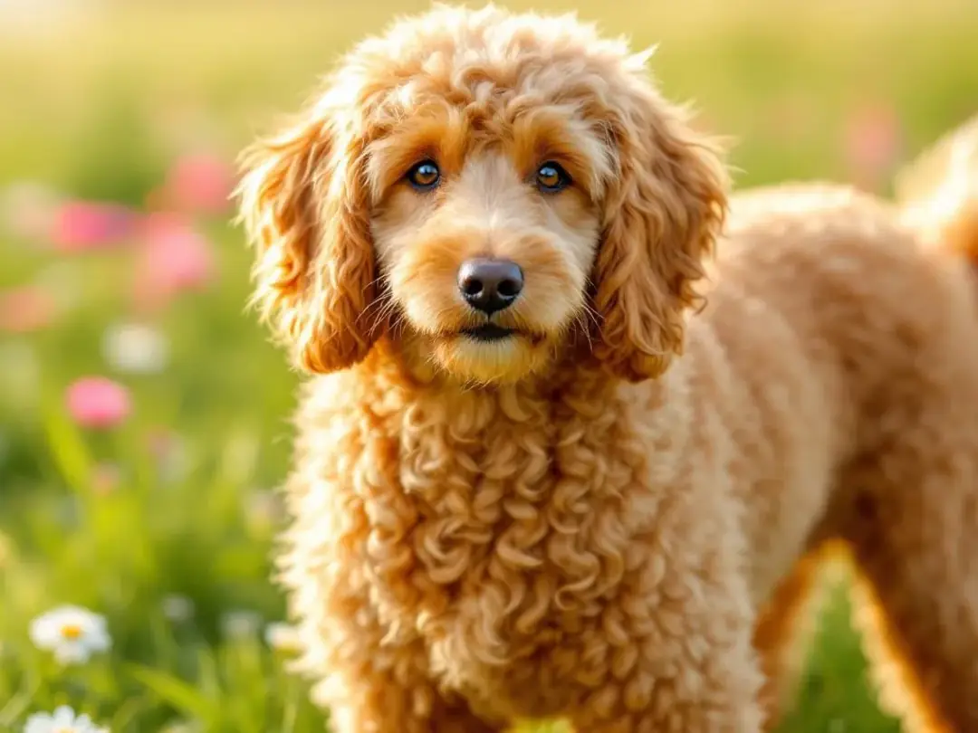 A goldendoodle with a wavy coat showcases the typical desired texture of this mixed breed, combining the traits of both...