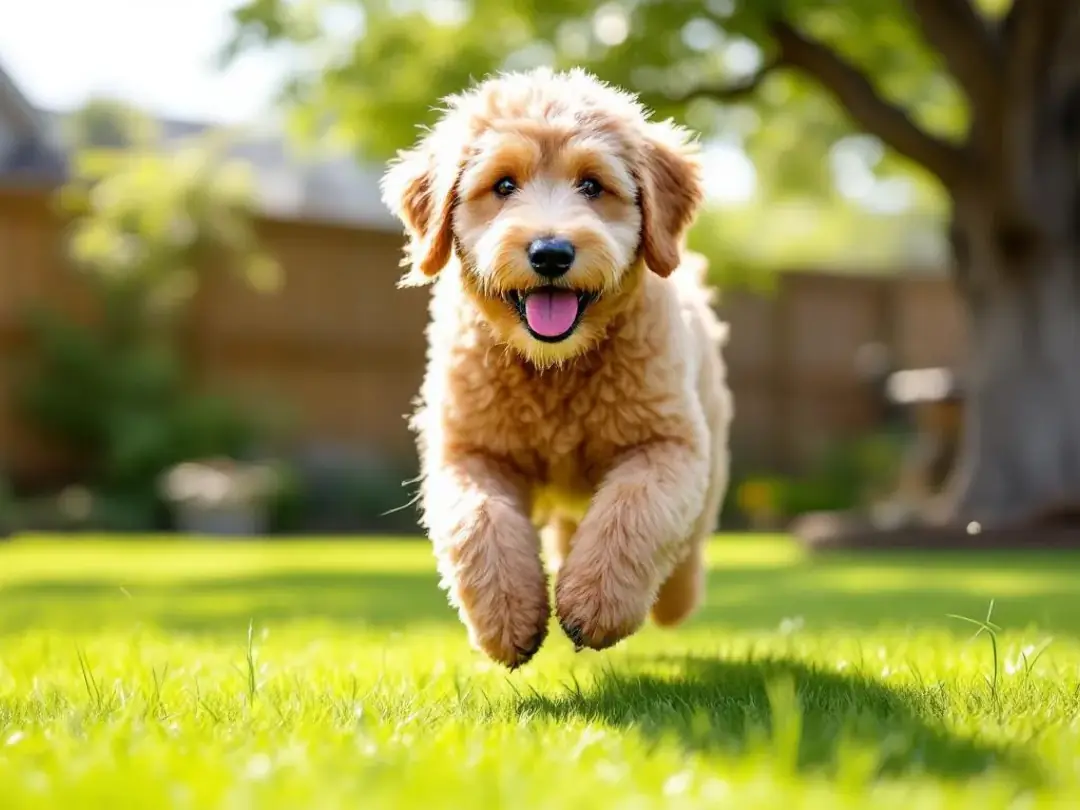 A healthy adult Goldendoodle is joyfully playing in a lush green yard, showcasing its good physical condition and...