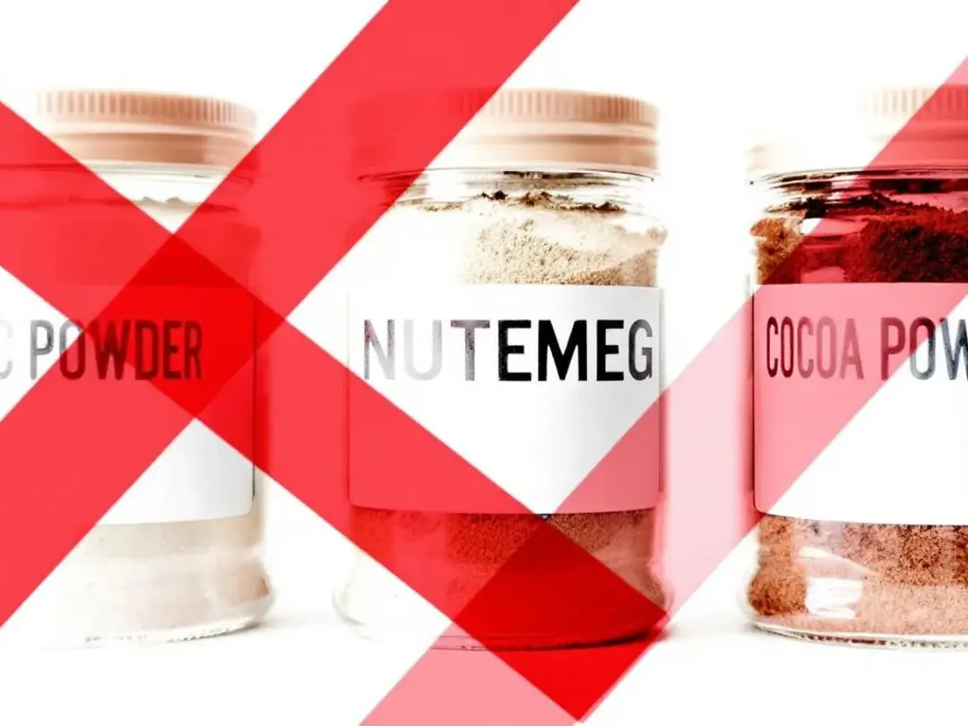 A warning image displays several dangerous spices, including garlic powder, nutmeg, and cocoa powder, marked with a...