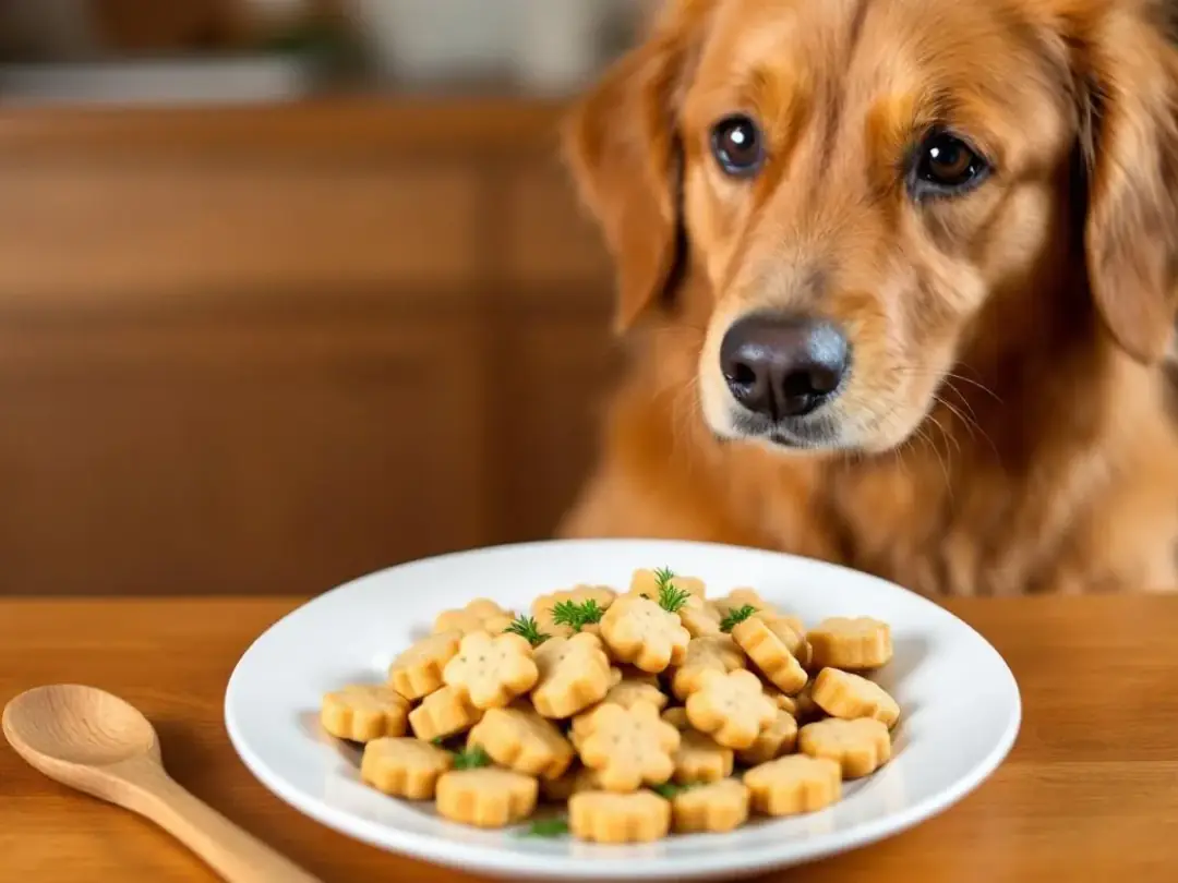 A cheerful dog sits beside a plate of homemade dog treats, which are topped with fresh herbs, highlighting the...